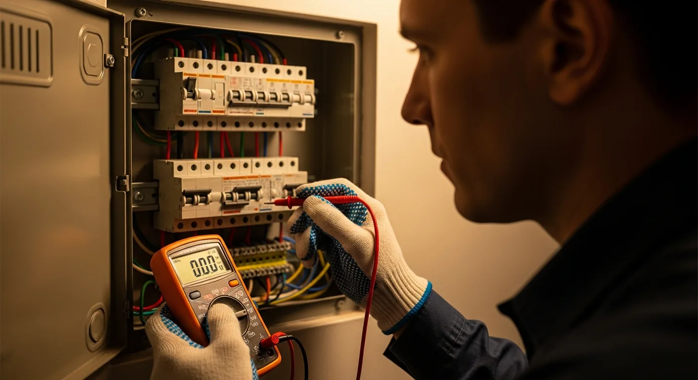 Electricista matriculado verificando la instalación con multímetro