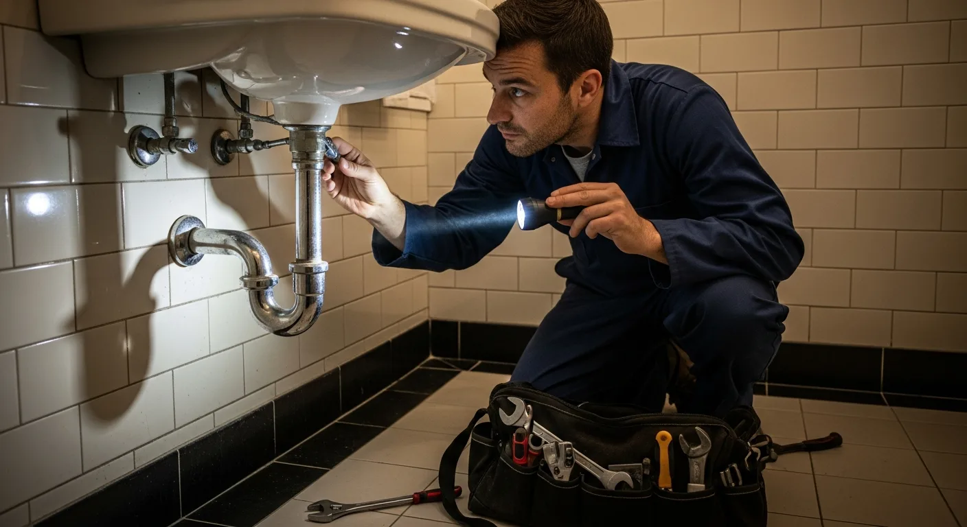 Plomero inspeccionando cañerías en un baño de CABA