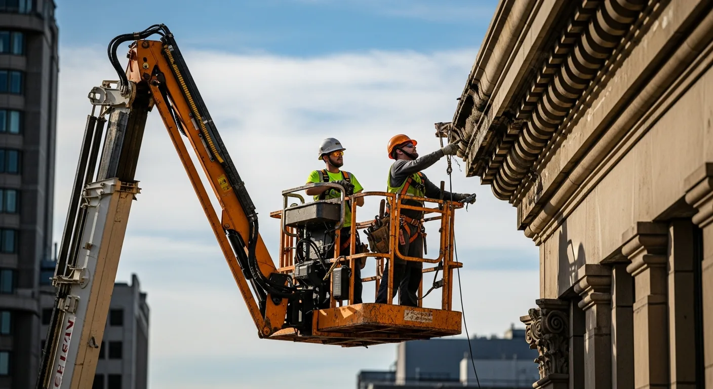 Trabajos de fachada desde una barquilla elevada